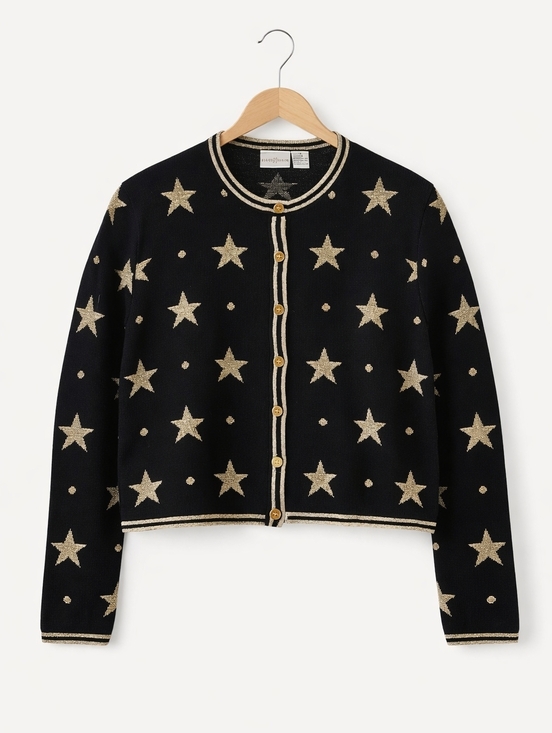 First Issue Sweaters - First Issue Chic Celestial Star Black Metallic Gold Button Front Knit Cardigan
